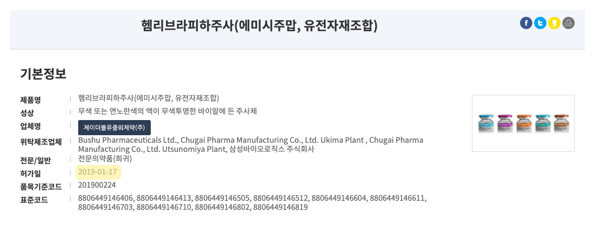 식품의약품안전처 의약품안전나라의 헴리브라피하주사 기본정보 화면, 허가일 2019-01-17에 노랑 형광